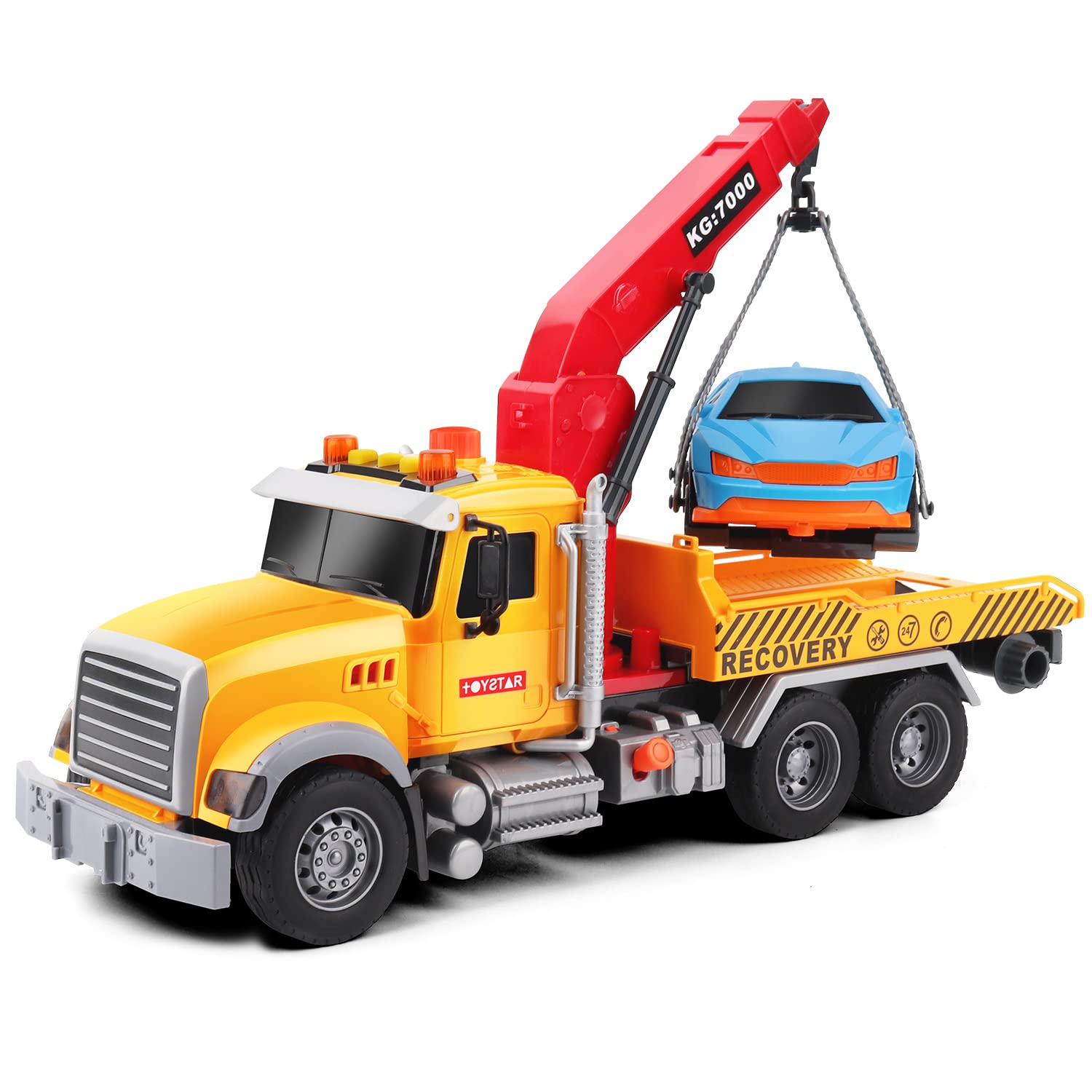 Dwi Dowellin Kids Toys for 3 4 5 6 7 Years Old Boys, 15" Large Tow Truck Toy,Friction Powered Transport Truck Crane Toy with Lights and Sounds,with Roadster,Toddlers Gifts