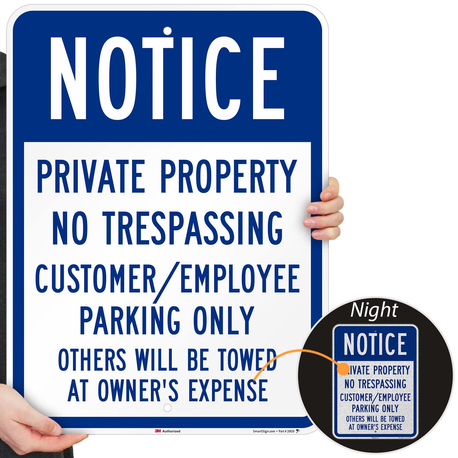 SmartSign 24 x 18 inch “Notice - Private Property No Trespassing, Customer/Employee Parking Only” Metal Sign, 80 mil Aluminum, 3M Laminated Engineer Grade Reflective Material, Blue and White, USA-Made