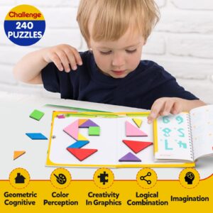 Travel Tangram Puzzle Car Game Magnetic Pattern Blocks Road Airplane Trip Essentials Activities Montessori Educational Toys Brain Teasers Book for Age 4-8 Kids Boys Girls Toddler (240 Solution)