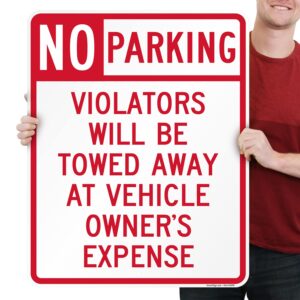 SmartSign 30 x 24 inch “No Parking - Violators Towed Away At Vehicle Owner's Expense” Metal Sign, 80 mil Laminated Rustproof Aluminum, Red and White, Made in USA