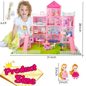 UNIH Doll House Girls Toys,4-Story 11 Rooms Playhouse with 2 Dolls Toy Figures with Light,Accessories, Furniture Pretend Play Toys for 3 4 5 6 7 Year Old Girls