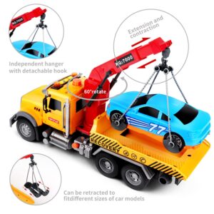 Dwi Dowellin Kids Toys for 3 4 5 6 7 Years Old Boys, 15" Large Tow Truck Toy,Friction Powered Transport Truck Crane Toy with Lights and Sounds,with Roadster,Toddlers Gifts