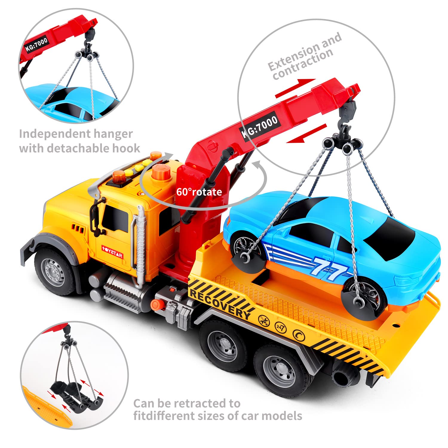 Dwi Dowellin Kids Toys for 3 4 5 6 7 Years Old Boys, 15" Large Tow Truck Toy,Friction Powered Transport Truck Crane Toy with Lights and Sounds,with Roadster,Toddlers Gifts