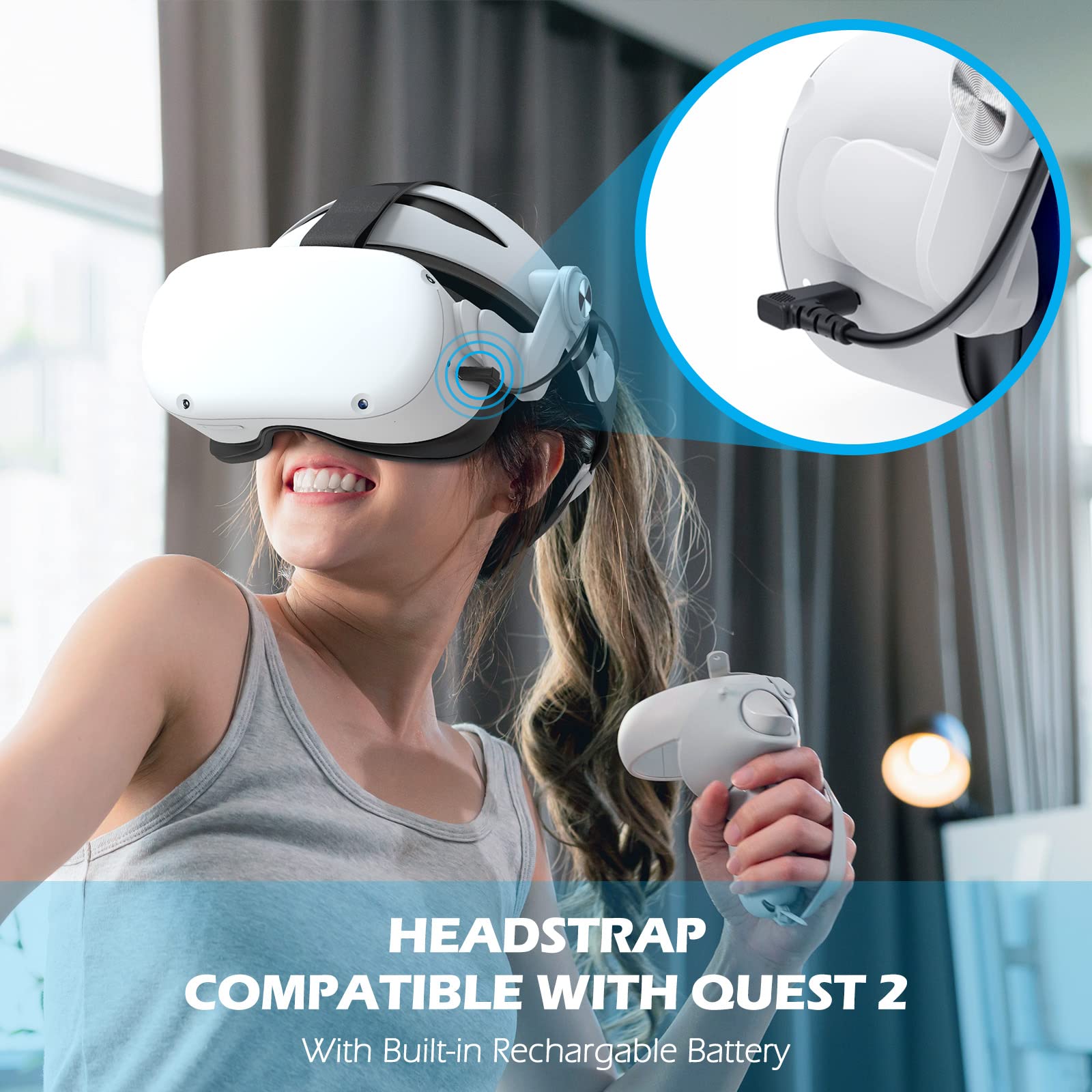 Battery Head Strap for Quest 2 - YOGES Rechargable Adjustable Headstrap to Extend Playtime and Comfort for VR Headset, Super Soft Foam and Skin-Friendly PU Quest 2 Accessories, White