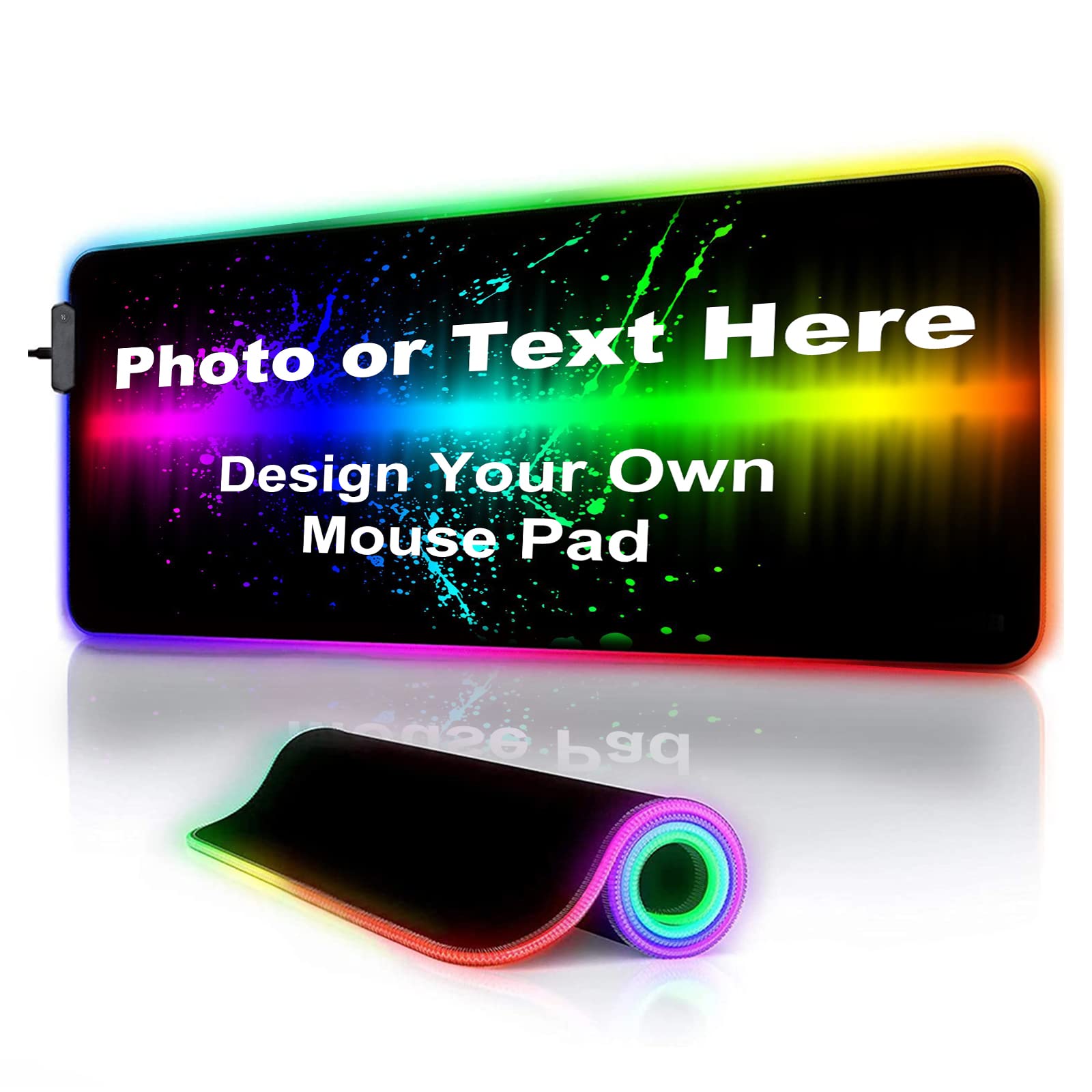 Personalized RGB LED Gaming Mouse Pad Make Your Own Customized Large Gaming Mousepad Custom Mouse Mat for Office Dorm Personalised Gifts Presents for Gaming Lovers, 35.4x15.7in