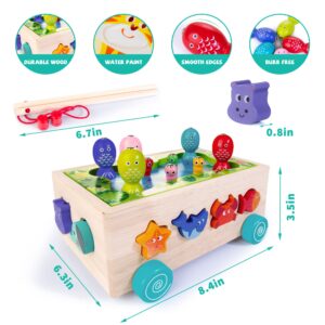 Montessori Wooden Shape Sorter Toys for Toddlers, Multifunctional Magnetic Fishing Car with Animal Blocks & Fishing Game, Preschool Baby Gift, Fine Motor Skills Toys for 1-3 Year Old Boys Girls