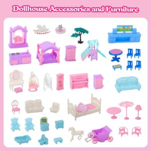 UNIH Doll House Girls Toys,4-Story 11 Rooms Playhouse with 2 Dolls Toy Figures with Light,Accessories, Furniture Pretend Play Toys for 3 4 5 6 7 Year Old Girls