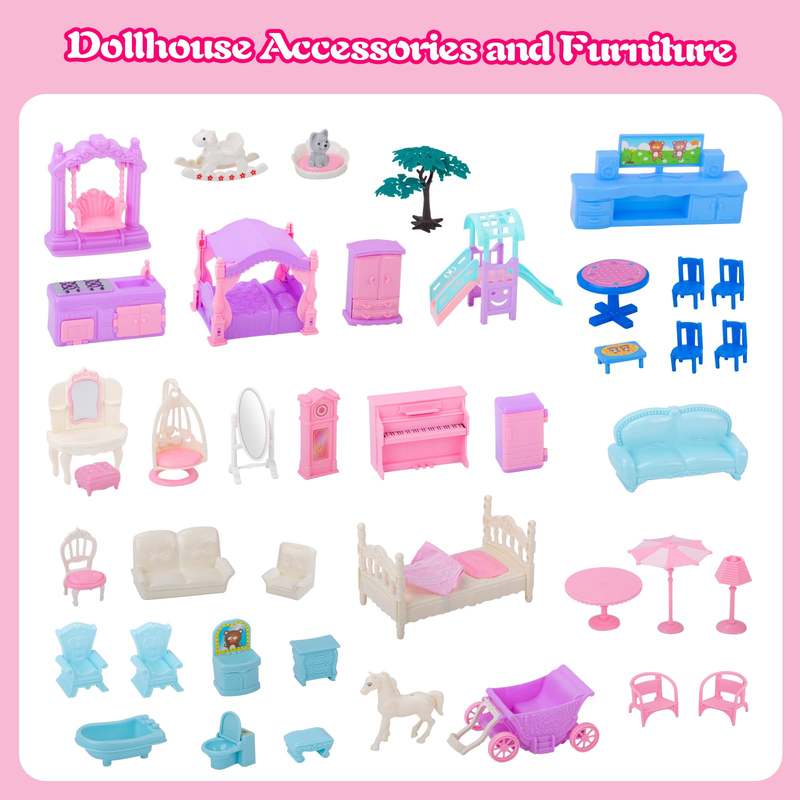 UNIH Doll House Girls Toys,4-Story 11 Rooms Playhouse with 2 Dolls Toy Figures with Light,Accessories, Furniture Pretend Play Toys for 3 4 5 6 7 Year Old Girls