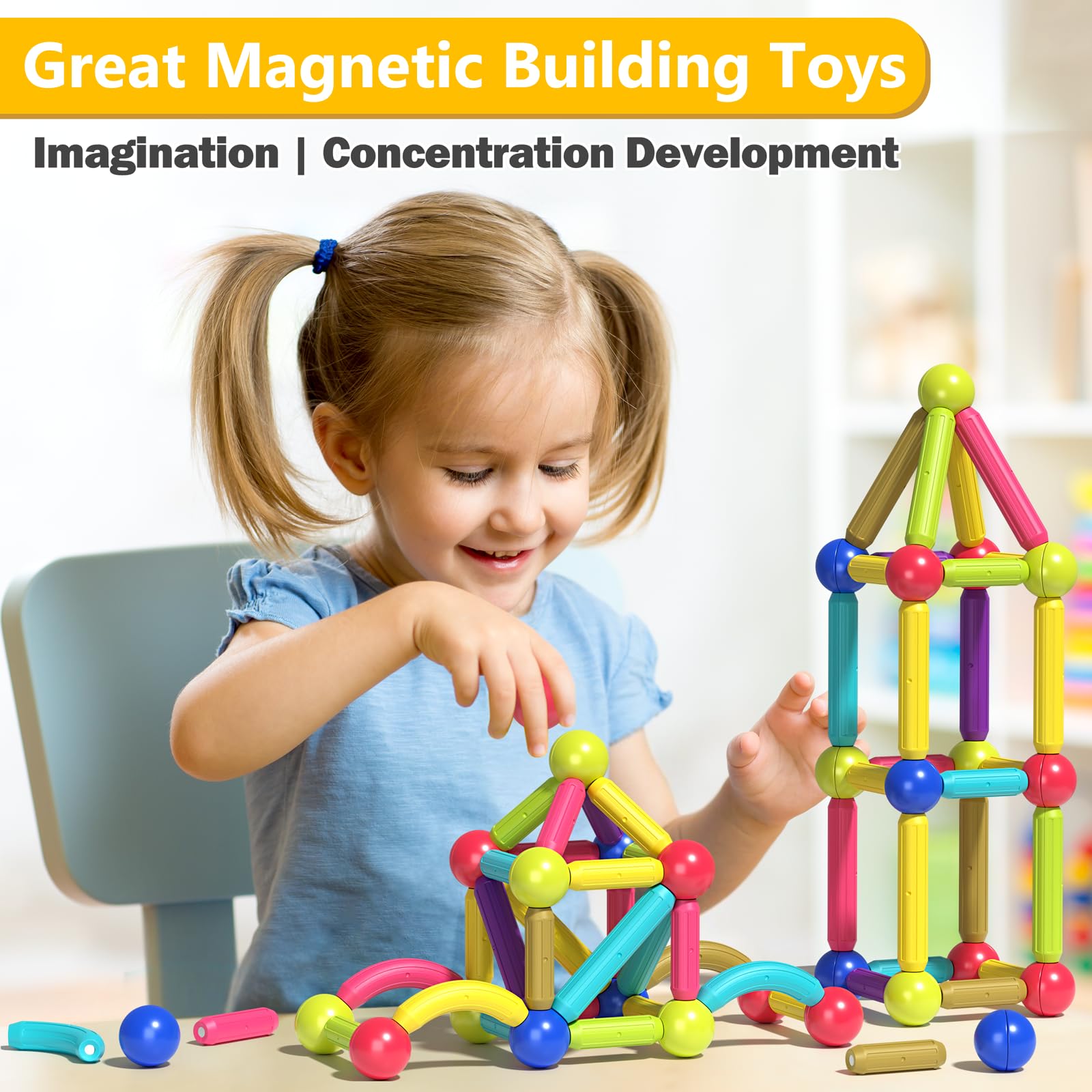 Asago Magnetic Building Toys for Kids, 88pcs Magnetic Tiles Toddler Toys, Magnet Blocks Sticks & Ball Creativity Game, STEM Brain Development Kit for Preschool Girls,Boys Ideal Gift Set