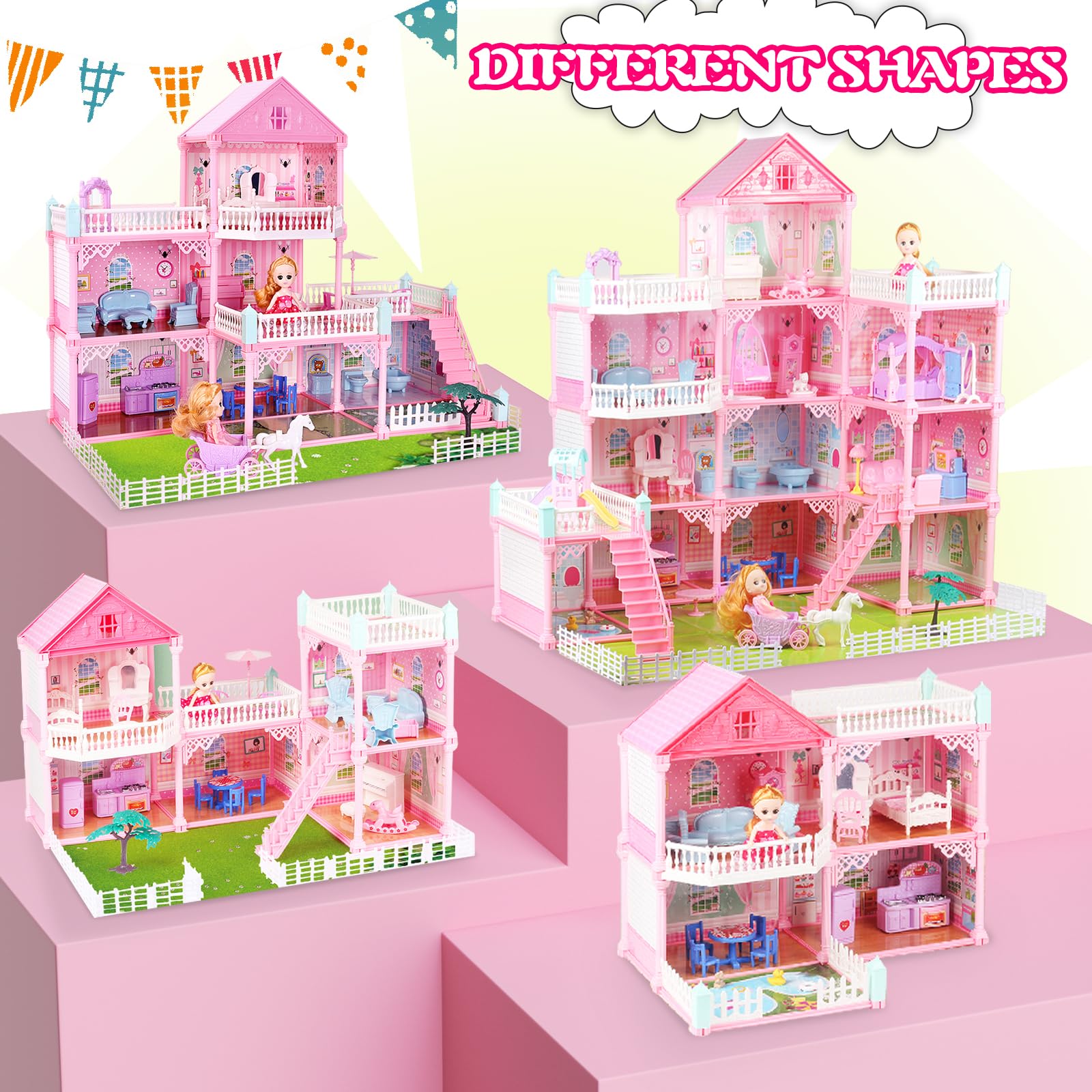 UNIH Doll House Girls Toys,4-Story 11 Rooms Playhouse with 2 Dolls Toy Figures with Light,Accessories, Furniture Pretend Play Toys for 3 4 5 6 7 Year Old Girls