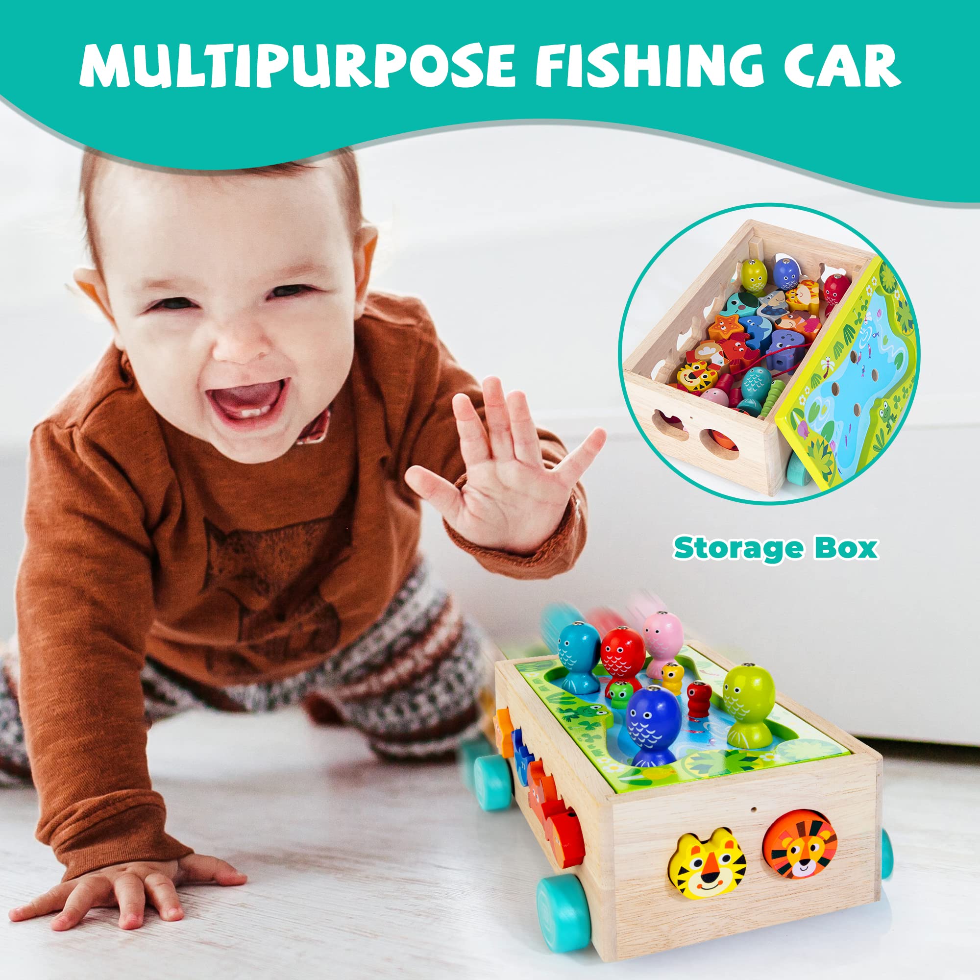 Montessori Wooden Shape Sorter Toys for Toddlers, Multifunctional Magnetic Fishing Car with Animal Blocks & Fishing Game, Preschool Baby Gift, Fine Motor Skills Toys for 1-3 Year Old Boys Girls