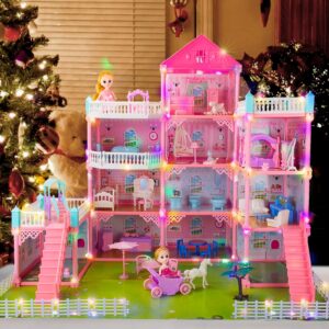 UNIH Doll House Girls Toys,4-Story 11 Rooms Playhouse with 2 Dolls Toy Figures with Light,Accessories, Furniture Pretend Play Toys for 3 4 5 6 7 Year Old Girls