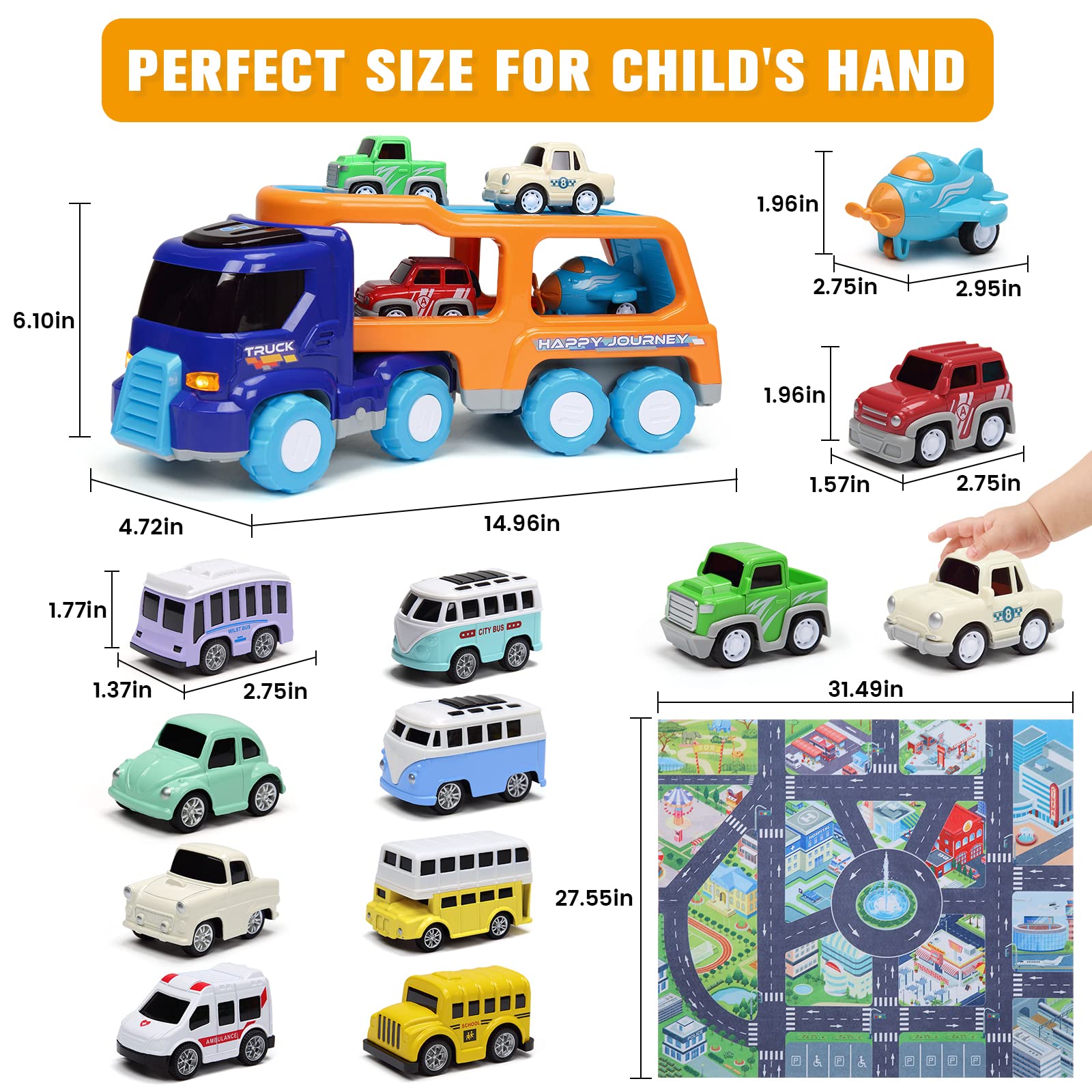 ToyBay 14PCS Toy Trucks Car for 2 3 4 5 Year Old Toddlers Boys Girls, Carrier Truck Transport Vehicles Toys, Car Trucks Toys with Light, Music & Play Mat, Kids Toy Cars Birthday Gifts, Multi-Color