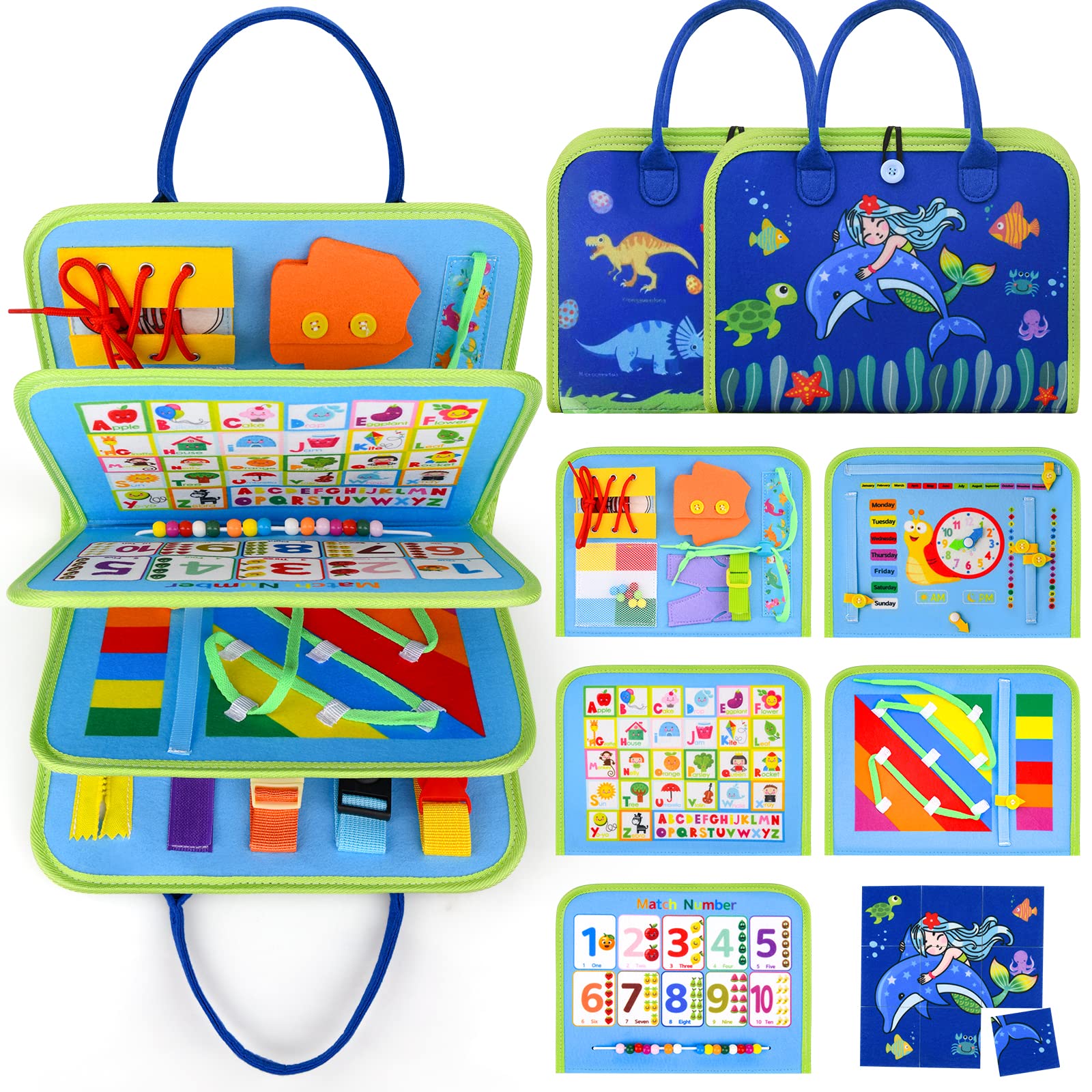 Busy Board Montessori Toys for 1-4 Year Old Toddler, Preschool Educational Learning Activities Developing Sensory Board for Fine Basic Dress Motor Skills/Travel Toys for Plane Car, Gift for Girls Boys