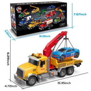 Dwi Dowellin Kids Toys for 3 4 5 6 7 Years Old Boys, 15" Large Tow Truck Toy,Friction Powered Transport Truck Crane Toy with Lights and Sounds,with Roadster,Toddlers Gifts