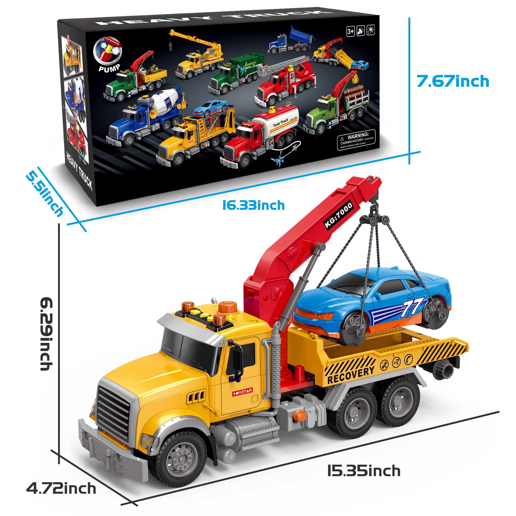 Dwi Dowellin Kids Toys for 3 4 5 6 7 Years Old Boys, 15" Large Tow Truck Toy,Friction Powered Transport Truck Crane Toy with Lights and Sounds,with Roadster,Toddlers Gifts