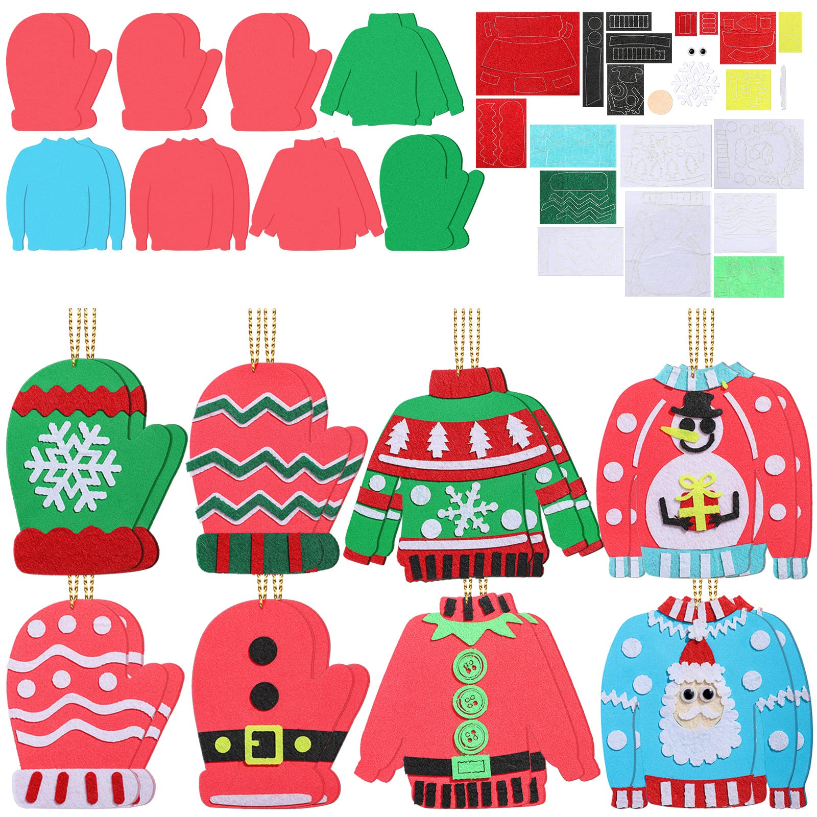 16 Pcs Christmas Sweater Foam Mitten Crafts, Christmas Tree Ornament Sets includes 8 DIY Ugly Sweater and 8 Mitten Foam Ornament Holiday Craft Kit Homemade Kits for Kids Home Activities