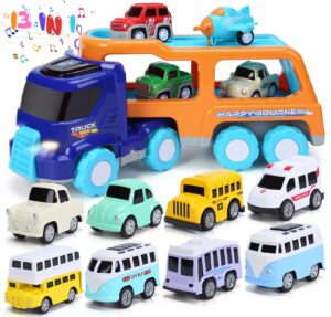 toybay 14pcs toy trucks car for 2 3 4 5 year old toddlers boys girls, carrier truck transport vehicles toys, car trucks toys with light, music & play mat, kids toy cars birthday gifts, multi-color