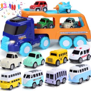 ToyBay 14PCS Toy Trucks Car for 2 3 4 5 Year Old Toddlers Boys Girls, Carrier Truck Transport Vehicles Toys, Car Trucks Toys with Light, Music & Play Mat, Kids Toy Cars Birthday Gifts, Multi-Color