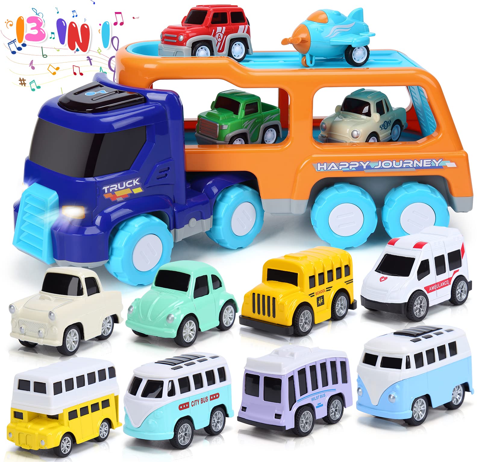 ToyBay 14PCS Toy Trucks Car for 2 3 4 5 Year Old Toddlers Boys Girls, Carrier Truck Transport Vehicles Toys, Car Trucks Toys with Light, Music & Play Mat, Kids Toy Cars Birthday Gifts, Multi-Color