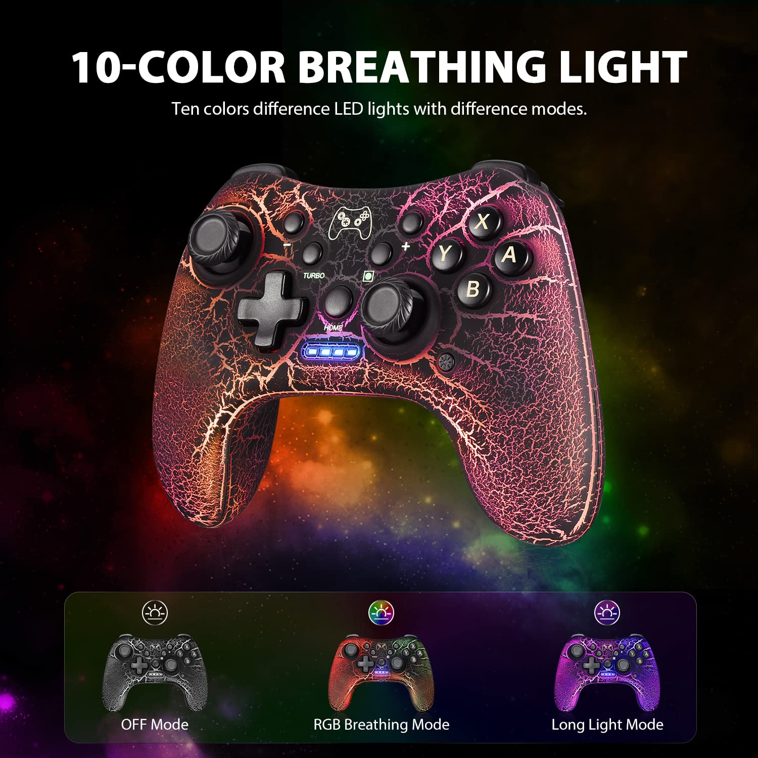 Tenvoonl Wreless Switch Controllers, Hand-held units for playing electronic games with 10-Color Adjustable LED Lights/Unique Appearance/Adjustable Vibration/Turbo(Black)