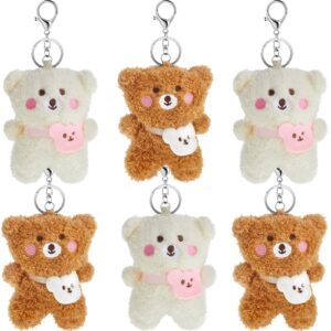 Henoyso 6 Pcs Plush Bear Keychain for Backpacks Aesthetic Stuffed Animal Keyring Pendant Mini Fluffy Cute Keychain Bear Backpack Charms Kawaii Keychain Plush for Birthday Gifts Party Favors, 2 Colors