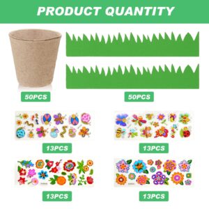 Gueevin 50 Pack Garden Paper Pot Craft Kit Flower Plant Spring Craft Including Peat Plant Pots Adhesive Foam Stickers Pot Stickers EVA Grass for Kids DIY Craft Flower Planting Growing