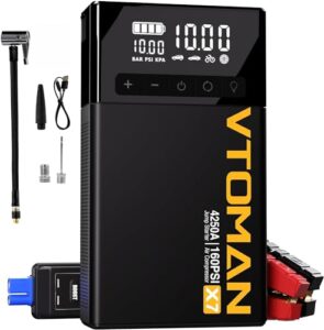 vtoman x7 jump starter with air compressor, 4250a portable car jumper with 160psi digital tire inflator,12v lithium battery charger booster box with type-c quick charge (up 10l gas/10l diesel engine)