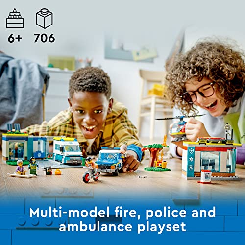 LEGO City Emergency Vehicles HQ 60371, Fire Rescue Helicopter Toy Set, Ambulance, Motorbike and Police Car Toys, Gift for Kids, Boys & Girls Age 6 Plus