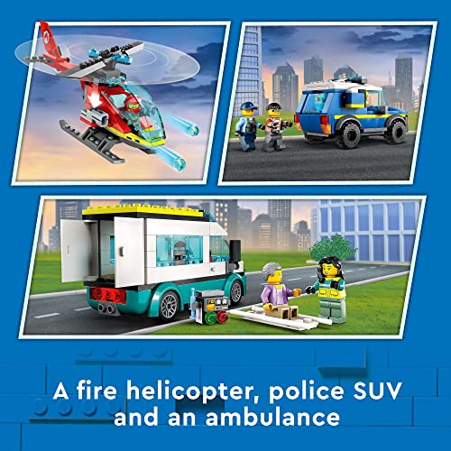 LEGO City Emergency Vehicles HQ 60371, Fire Rescue Helicopter Toy Set, Ambulance, Motorbike and Police Car Toys, Gift for Kids, Boys & Girls Age 6 Plus