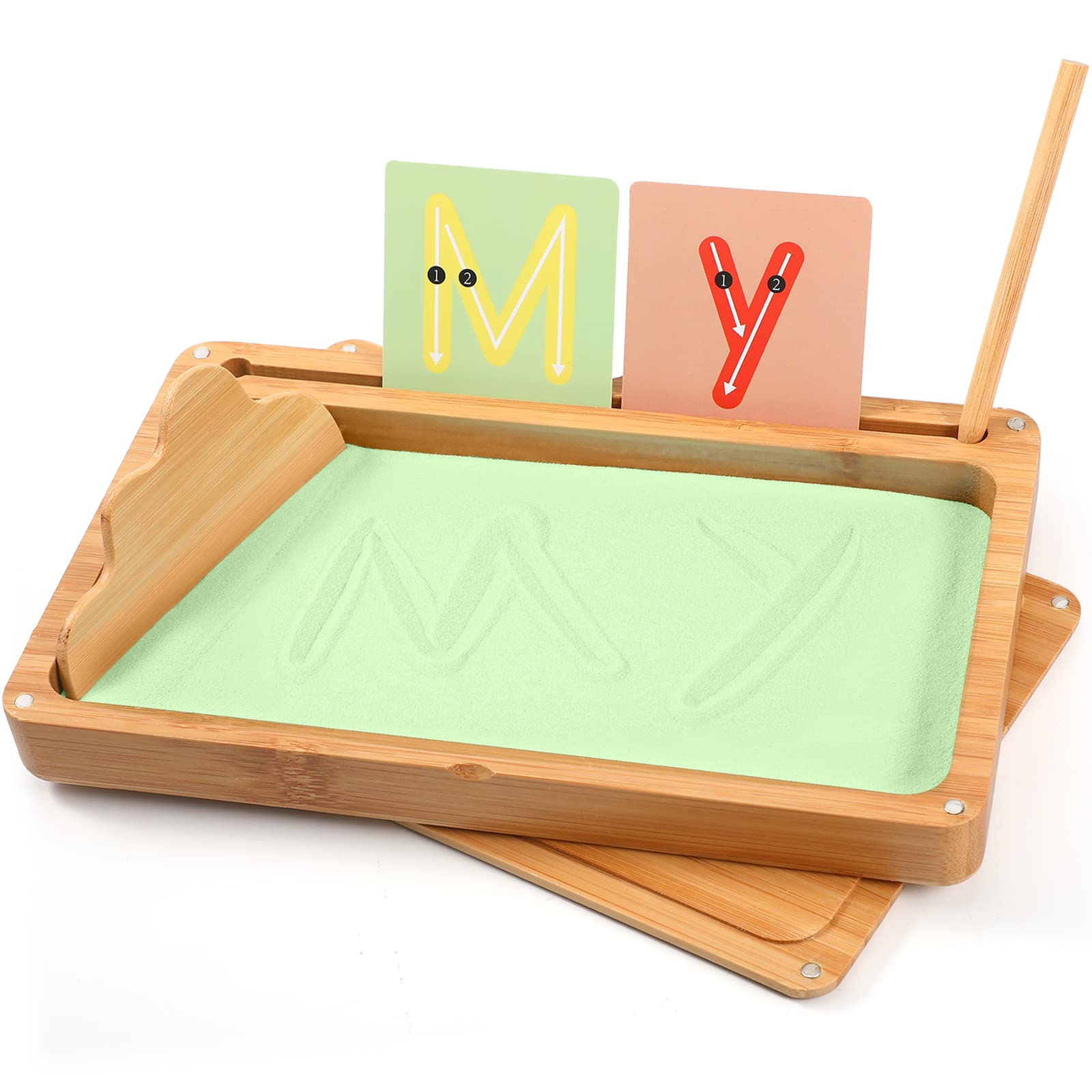 AtMini Sand Tray for Classroom Montessori Sand Tray with Lid Wooden Sand Trays for Kids Writing Letters and Numbers (Green)