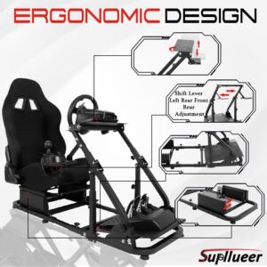 Supllueer Sim Racing Cockpit Black Racing Seat Wheel Stand with 2 Arms Support Fit for Logitech/Thrustmaster/Fanatec G25 G27 G29 G920 TX T300 V9, Racing Simulator Frame, No Wheel Pedal Shifter