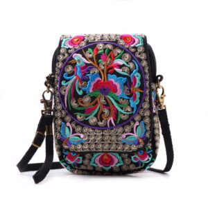 Canvas Crossbody Bag Cell phone Pouch Coin Purse for Women Embroidery Retro (flower)