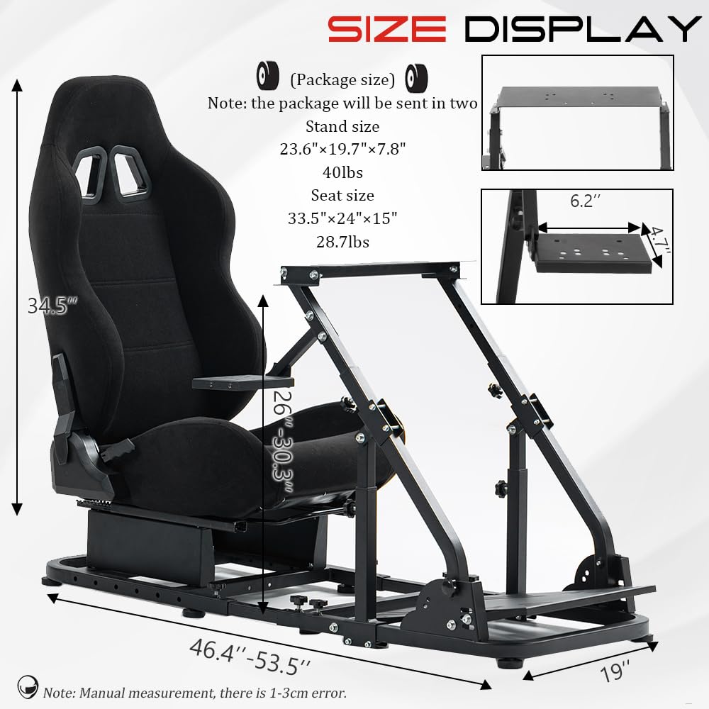 Supllueer Sim Racing Cockpit Black Racing Seat Wheel Stand with 2 Arms Support Fit for Logitech/Thrustmaster/Fanatec G25 G27 G29 G920 TX T300 V9, Racing Simulator Frame, No Wheel Pedal Shifter