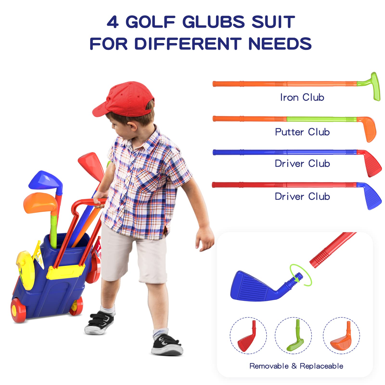 QDRAGON Kids Golf Clubs, Toddler Golf Set with 8 Balls, Putting Mat, 4 Golf Sticks, 2 Practice Holes and Golf Cart with Wheels, Indoor Outdoor Sport Toys for Boys Girls Ages 2 3 4 5+