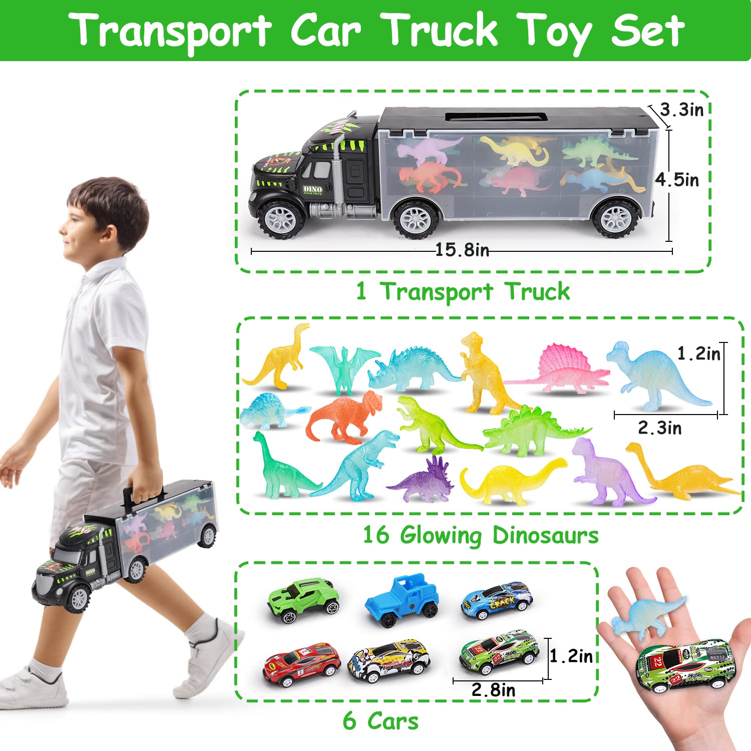 Transport Truck and Car Toys for 3 4 5+ Year Old Boys Birthday Gifts Carrier Truck Vehicle Toddler Boy Toys Age 3-4 4-7 Dinosaur Toys for Kids 3-5 5-7 with Glowing Dino Figures Boy Presents