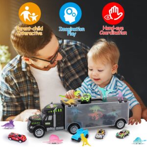 Transport Truck and Car Toys for 3 4 5+ Year Old Boys Birthday Gifts Carrier Truck Vehicle Toddler Boy Toys Age 3-4 4-7 Dinosaur Toys for Kids 3-5 5-7 with Glowing Dino Figures Boy Presents