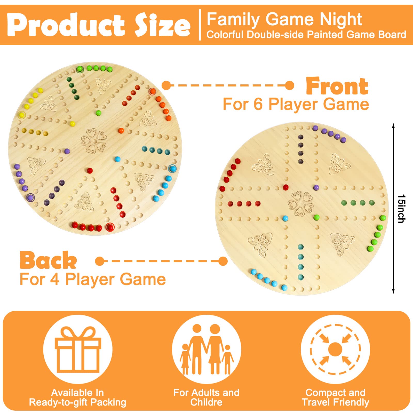 Marble Board Game Wooden Wahoo Board Game Double Side Painted Board Game with 6 Colors 36 Marbles 6 Dice for Adults Family Night Game, 6 and 4 Player (Round)