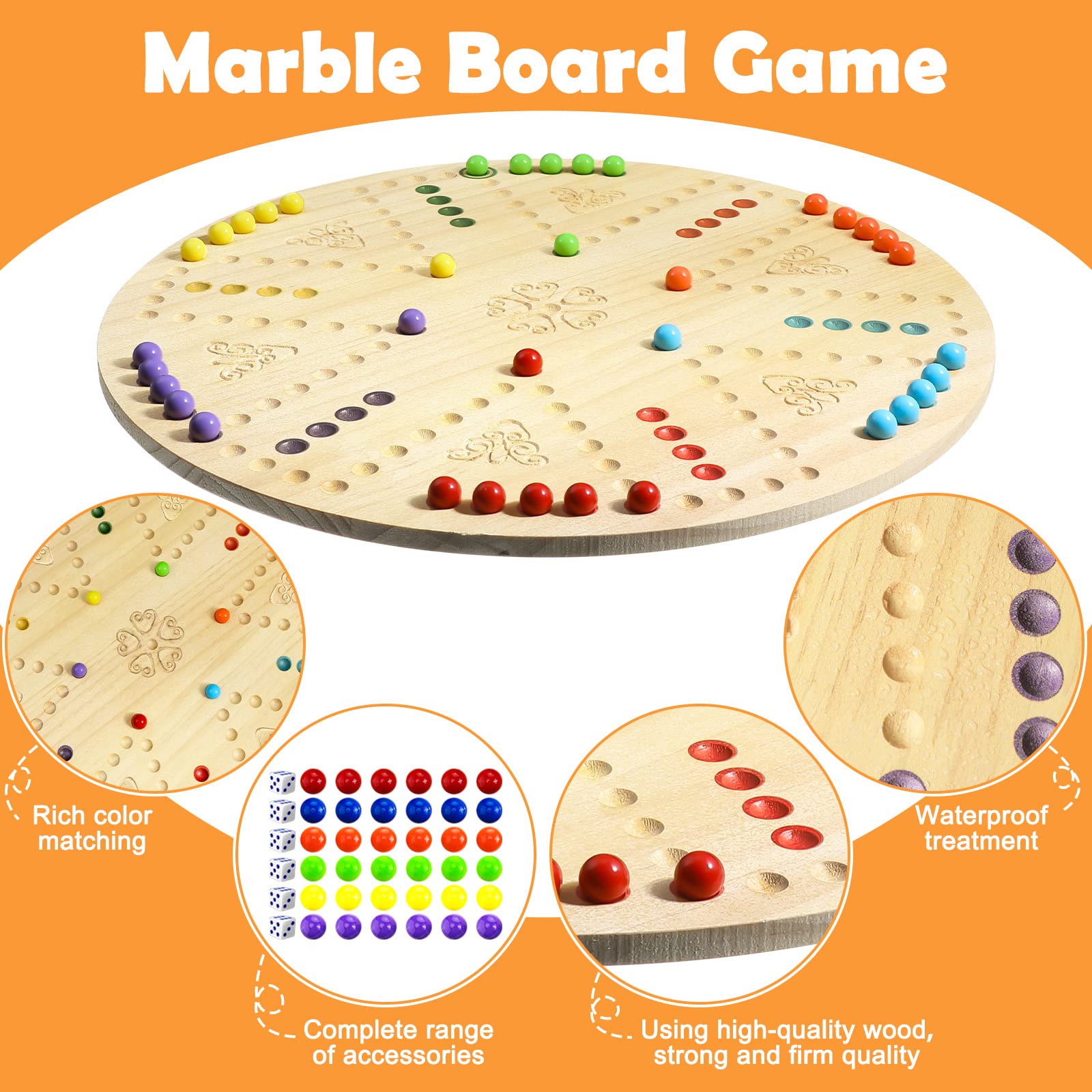 Marble Board Game Wooden Wahoo Board Game Double Side Painted Board Game with 6 Colors 36 Marbles 6 Dice for Adults Family Night Game, 6 and 4 Player (Round)