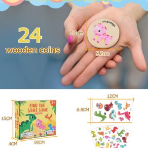 Protado Wooden Match Memory Game for Kids, 24Pc Memory Matching Cards with 5Pc Tattoo Stickers, Educational Memory Matching Game for Pre-Kindergarten Early Learning Development Kids-Dinosaur