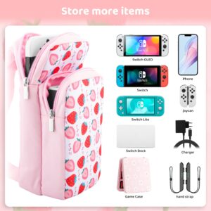 GLDRAM Pink Strawberry Travel Bag for Nintendo Switch/OLED/Lite, Cute Carrying Case Portable Sling Shoulder Bag Accessories Bundle for Switch with Game Card Case Holder & 2 Thumb Grip Caps for Girls