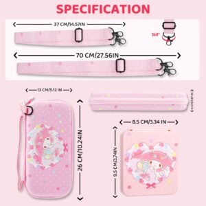 GLDRAM Pink Carrying Case Bundle for Nintendo Switch & OLED Modle, Cute Anime Switch Travel Case with Bunny, Portable Carrying Accessories Kit with Shoulder Strap, Game Card Case, Thumb Grip Caps