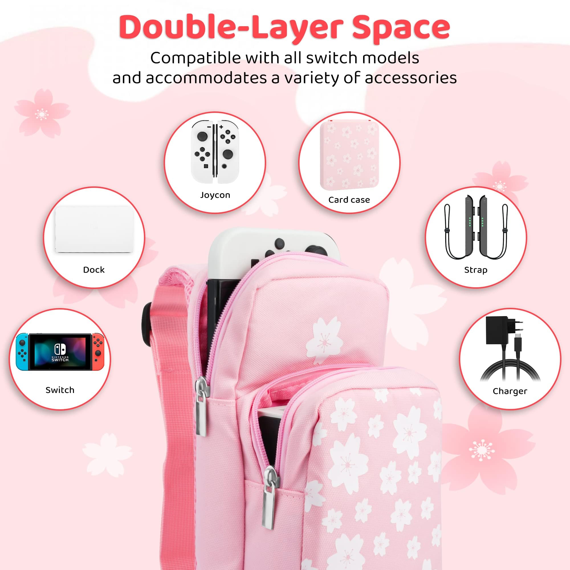 RHOTALL Pink Travel Bag for Nintendo Switch/Lite/OLED,Large Capacity Portable Carrying Case Compatible for Chest Shoulder Accessories Storage Backpack with12 Slots Game Case,Thumb Grip Caps-Sakura