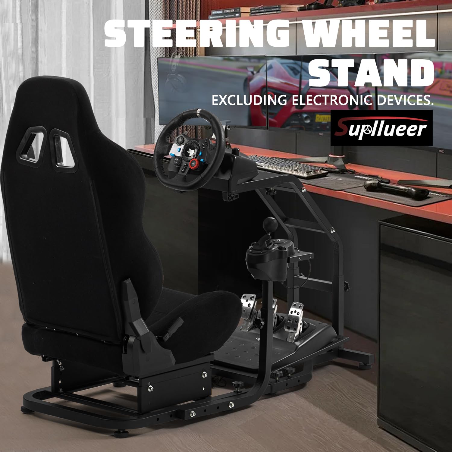 Supllueer Racing Simulator Cockpit with Black Racing Seat Fit for Logitech G29 G923 G920,ThrustmasterT248 T300RS TX F458 T-GT T128, Adjustable Racing Wheel Stand No Wheel Pedal Shifter