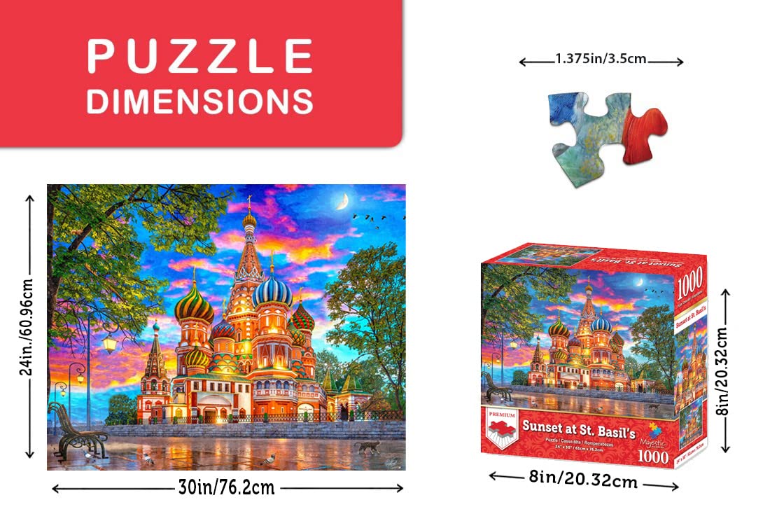 Majestic by Springbok - Sunset at Basil's - 1000 Piece Jigsaw Puzzle Illustration of St Basil's Cathedral at Sunset