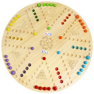 Marble Board Game Wooden Wahoo Board Game Double Side Painted Board Game with 6 Colors 36 Marbles 6 Dice for Adults Family Night Game, 6 and 4 Player (Round)