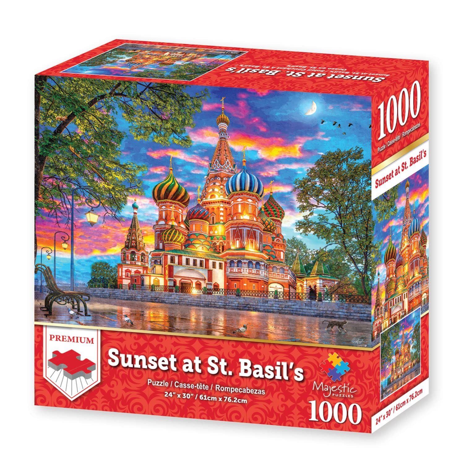 Majestic by Springbok - Sunset at Basil's - 1000 Piece Jigsaw Puzzle Illustration of St Basil's Cathedral at Sunset