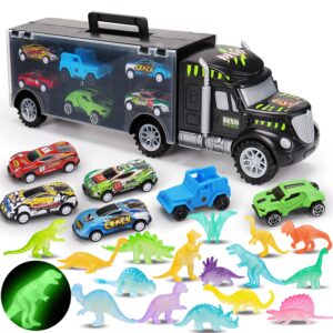 Transport Truck and Car Toys for 3 4 5+ Year Old Boys Birthday Gifts Carrier Truck Vehicle Toddler Boy Toys Age 3-4 4-7 Dinosaur Toys for Kids 3-5 5-7 with Glowing Dino Figures Boy Presents