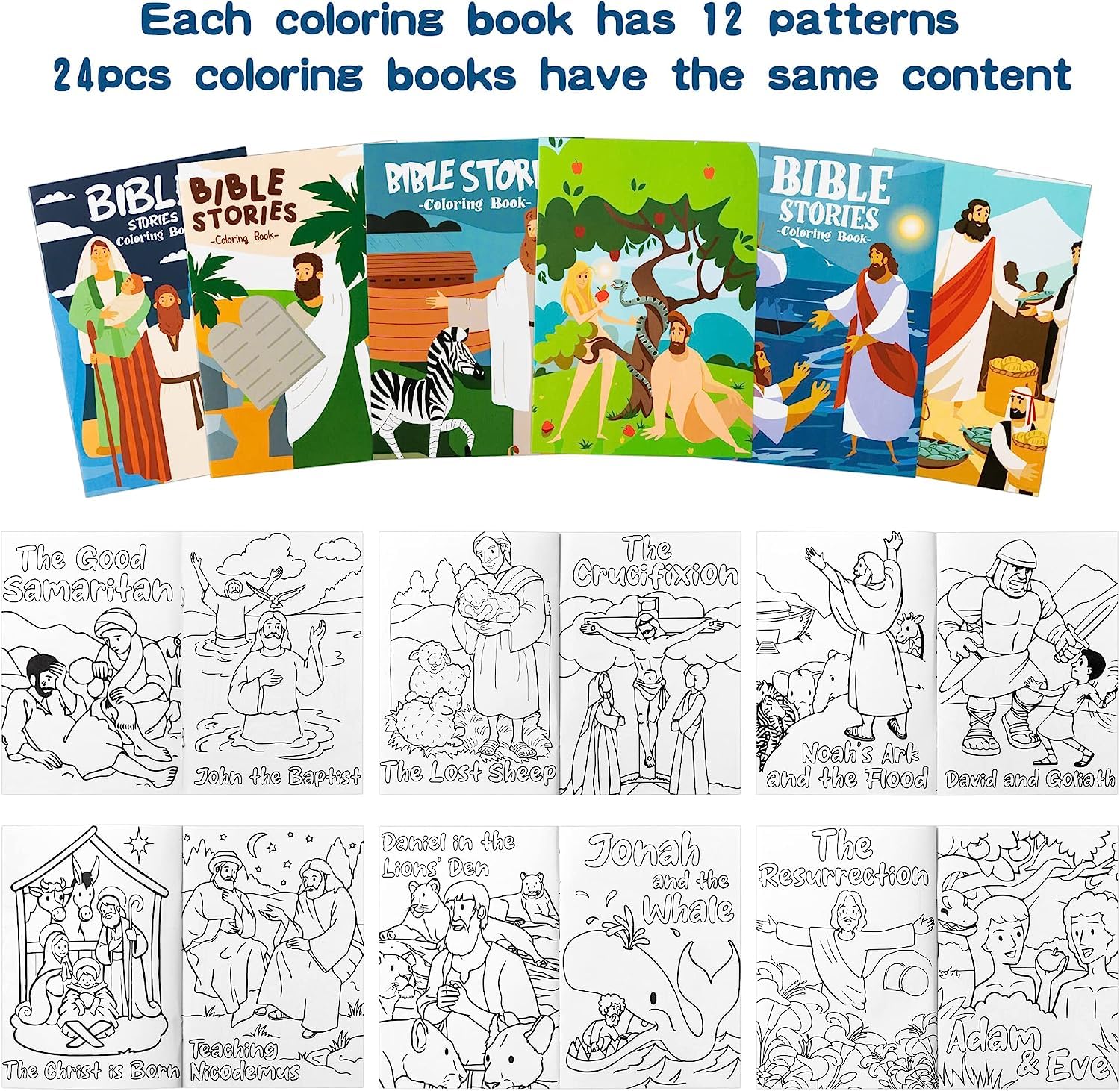 Haooryx Christian Bible Stories Coloring Books 24PCS Mini Booklets Crafts for Kids DIY Art Drawing Book with Jesus Angels Church Fun Holiday Presents Classroom Games Prizes Party Bag Fillers