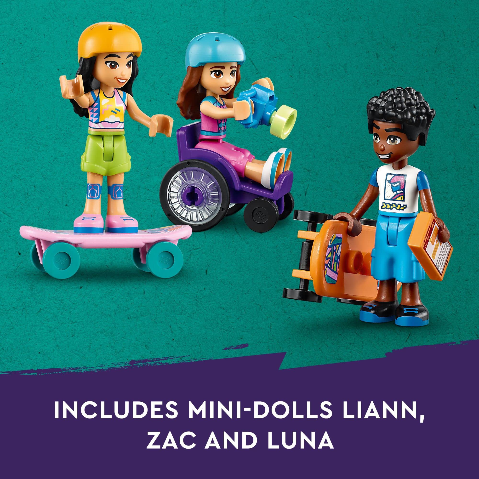 LEGO Friends Skate Park Set 41751, Skateboard Toys for Girls and Boys Ages 6 Plus, Mini-Doll Playset with Toy Scooter and Wheelchair, Birthday Gift Idea for Creative Play